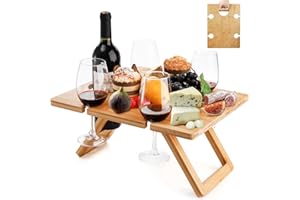 YOUEON Portable Wine Picnic Table with 5 Wine Glasses Holder, Foldable Champagne Snack Tables, Beverage and Cheese Table for 