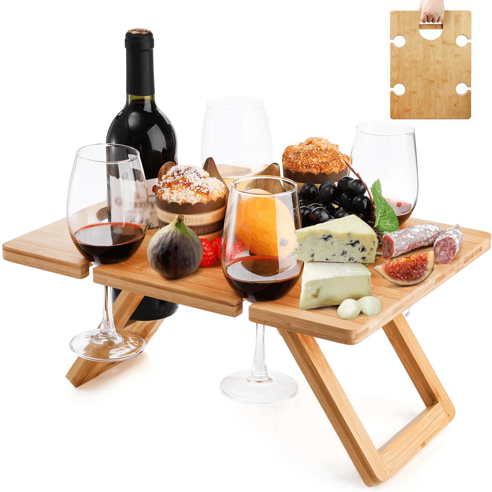 YOUEON Portable Wine Picnic Table with 5 Wine Glasses Holder, Foldable Champagne Snack Tables, Beverage and Cheese Table for Picnic, Camping, Park, Beach, Outdoor Lover Gift