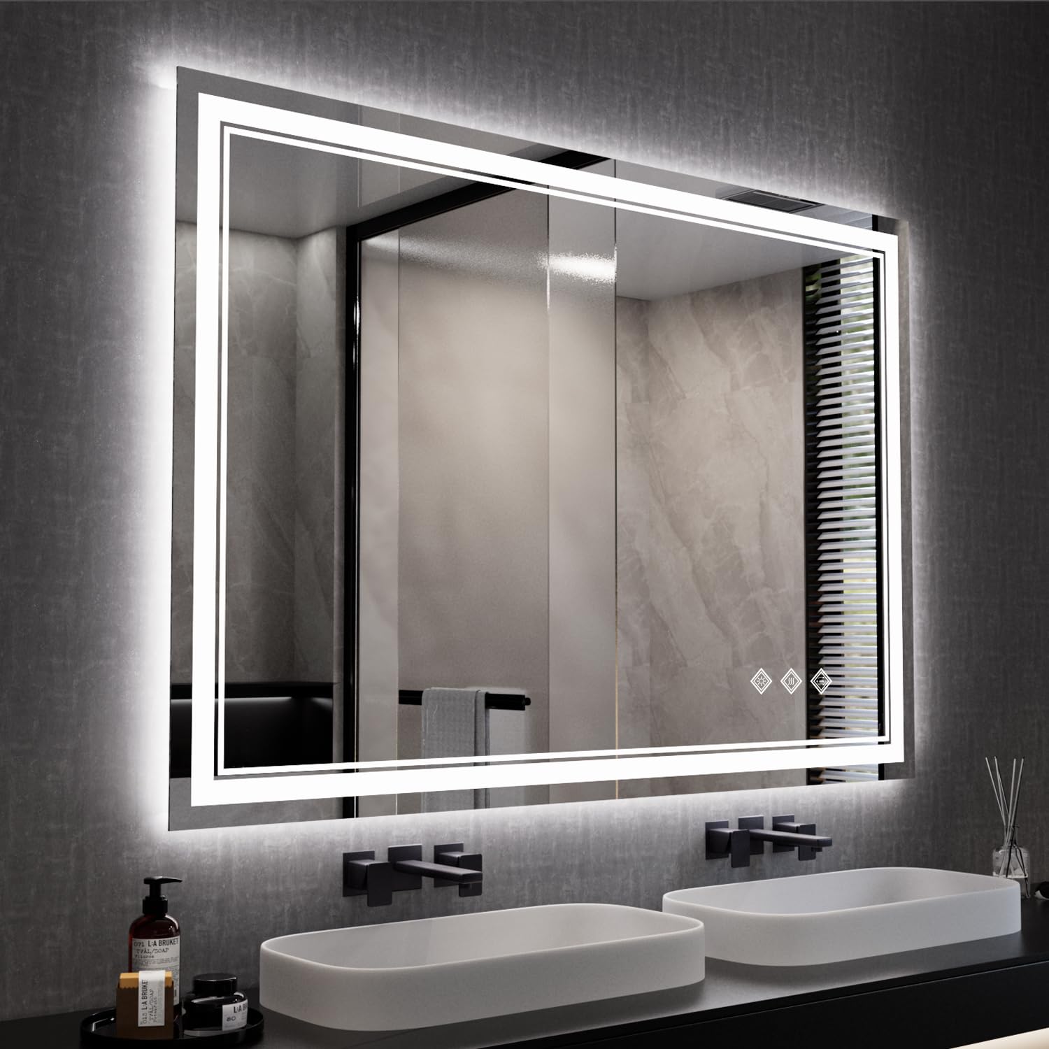VanPokins Bathroom Mirror, 44x32 Inch Gradient Front and Backlit Smart Mirror, IP54 Enhanced Anti-Fog, Hanging Plates Wall Mount