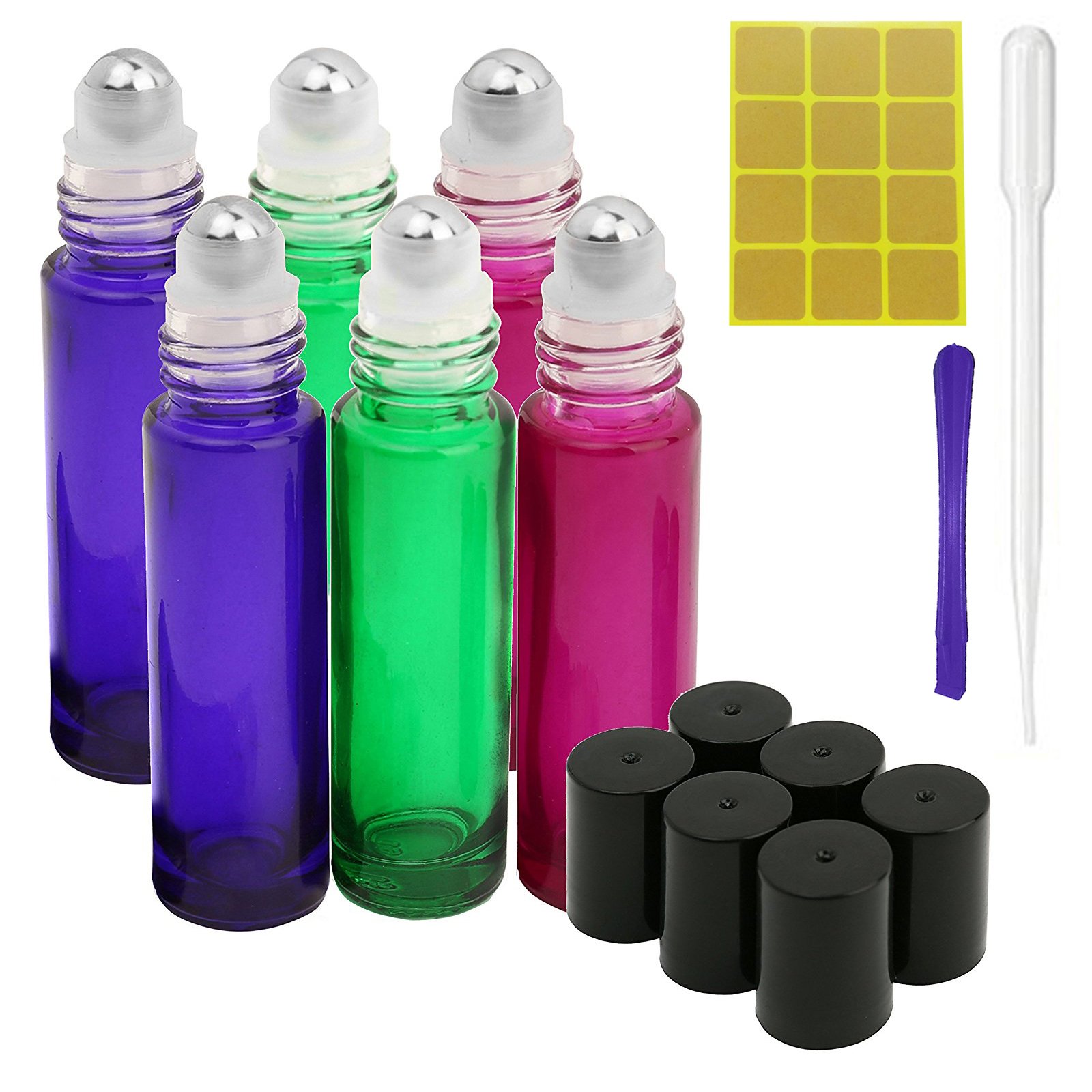JamHooDirect Glass Roller Bottles 6Pcs 10ml Refillable Container Roller On Bottles for Essential Oils, Aromatherapy, with Bottle Opener & 3Ml Dropper & 12 Labels, Ideal for Home and Travel Use