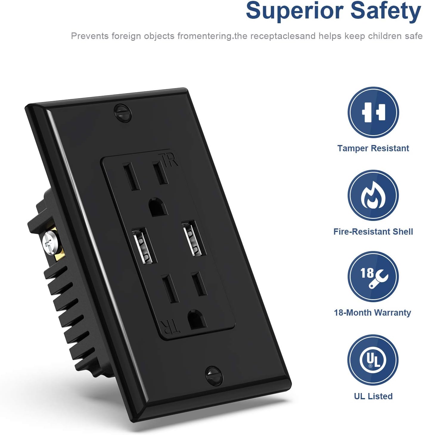 KYHSHJ 3.6A USB Wall Outlet Charger, 15A Tamper-Resistant Receptacles, Compatible with iPhone 11/X/XS/XR/SE/8, LG, HTC Samsung Galaxy S20/S10/S9/Note, More, ETL Certification, Black 1 Pack - - 