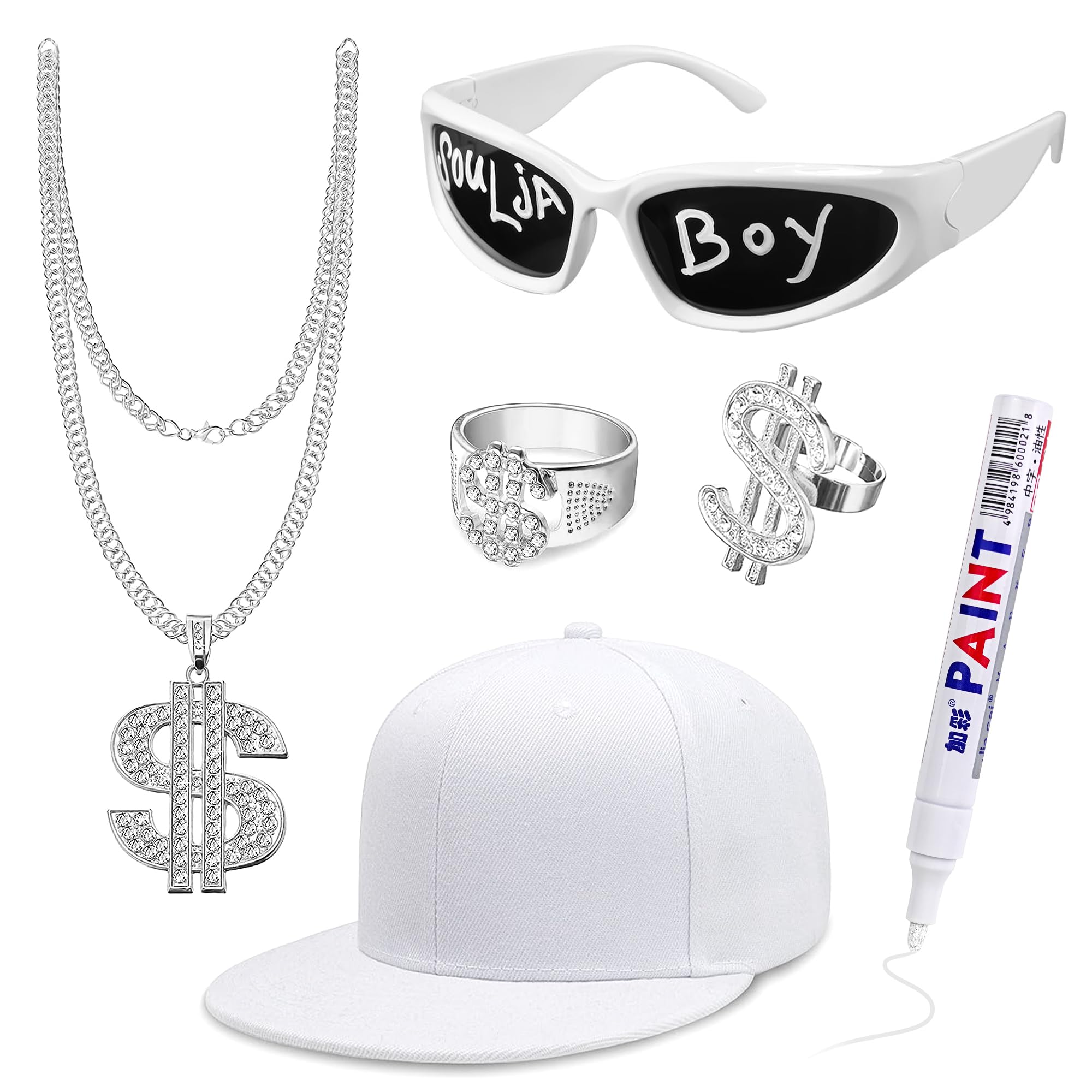 Goenb Solja Boy Hip Hop Costume Kit, Rapper Costume Accessories 80s 90s 2000s Hip Hop Costume Accessories with Glasses Dollar Chain Ring White Cap (White)