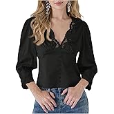 MakeMeChic Women's Floral Lace Lantern Sleeve Blouse V Neck Button Front Dressy Tops