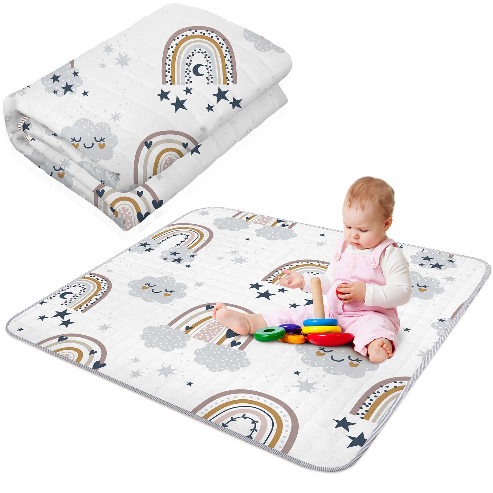 Photo 1 of Funtery 43 x 43 Inch Boho Baby Play Mat Portable Crawling Washable Foldable Tummy Time Non Slip Baby Floor Large Playpen Mat for Infants Toddlers Floor Playpen Activity(Gray Boho Rainbow)