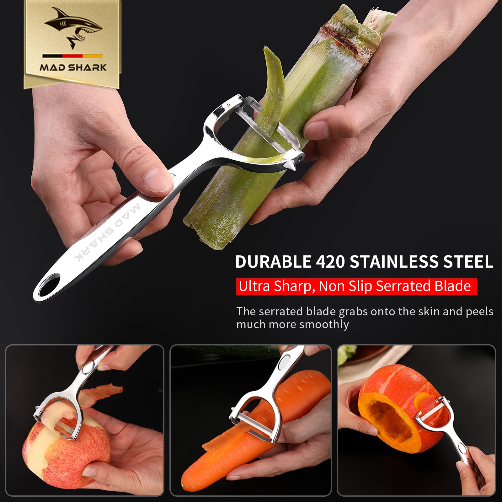MAD SHARK Ultra Sharp vegetable peelers for kitchen – 10 Years No-Rust Stainless Steel Serrated Potato Peeler Easy to Use Y Peeler with Durable Non-Slip Ergonomic Grips for Carrots, Fruits, Veggie