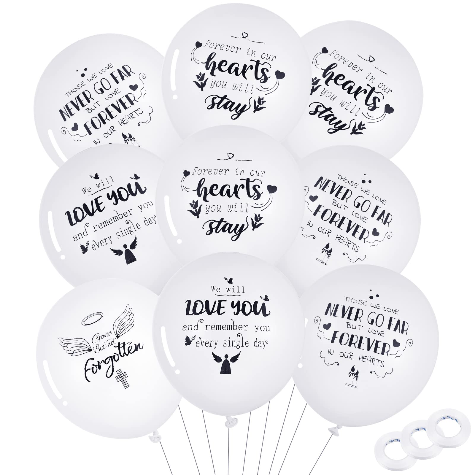 Xinzistar 60 Pieces White Memorial Balloons, Biodegradable Funeral Decorations With 4 Patterns and 3 Rolls 32 Feet Ribbon for Helium Balloons