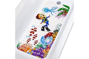Topotdor Baby Bath Mat for Tub for Kids, 40 X 16 Inch Extra Long Toddler Bathtub Mat Non Slip, Machine Washable Bathroom Cartoon Shower Floor Mat with Suction Cups & Drain Holes, Jellyfish