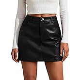 Oakgarden Women's Faux Leather Mini Skirt with Pockets, High Waisted Bodycon Stretch Zipper Button Fitted A-Line Party Skirt