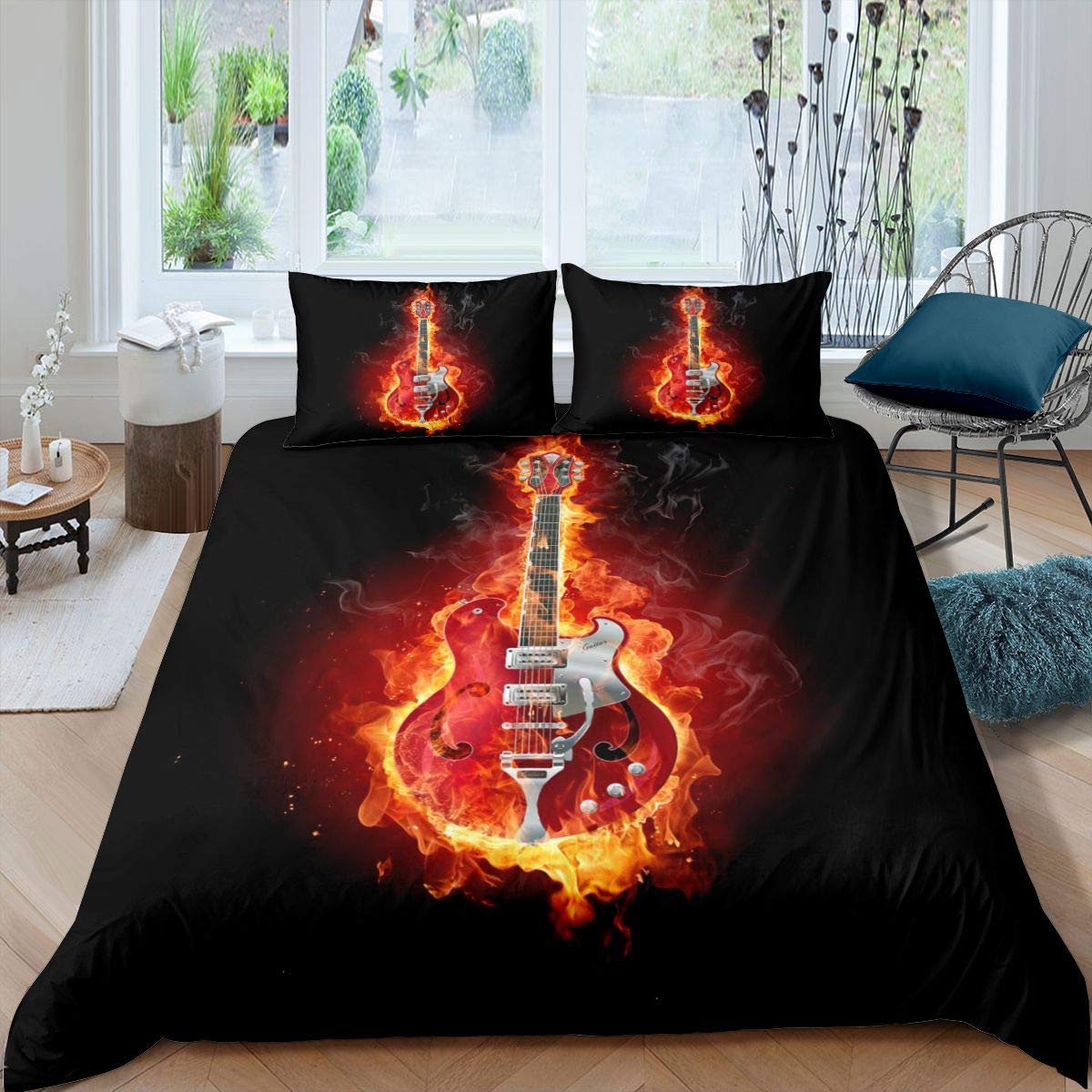 Guitar Duvet Cover Rock Music Themed Bedding Set For Kids Boys Girls Children Musical Pattern Comforter Cover Soft Chic Guitar Instruments Decor Bedspread Double Size Zipper