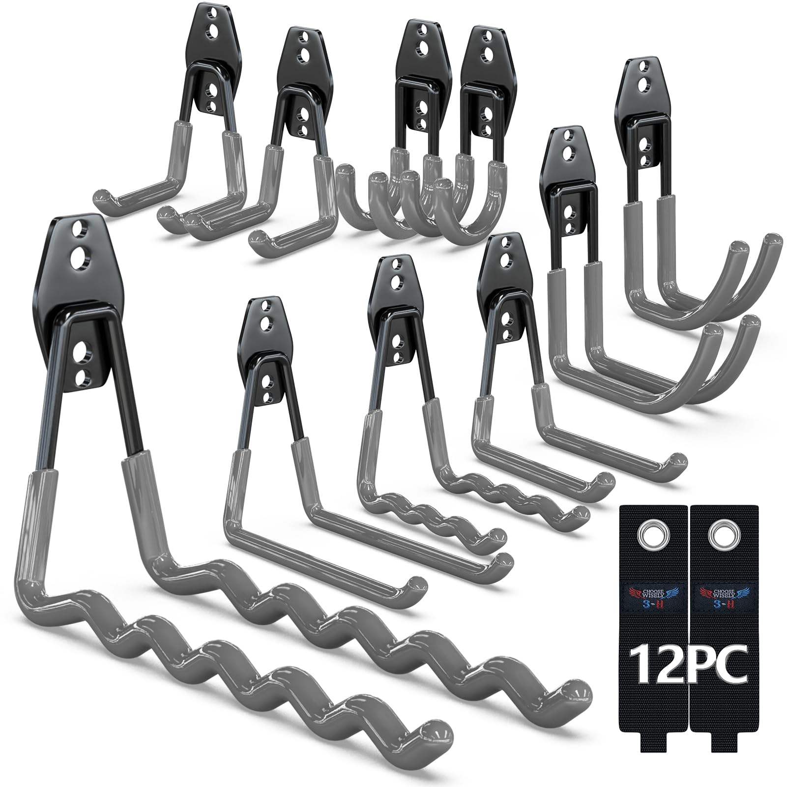 3-H Heavy Duty Garage Hooks 12 Pack, Utility All-Steel Storage Hooks with Anti-Slip Coating, Wall Mount Hooks for Hanging Ladders, Lawn Mower, Hose, Garden Tools (Grey)