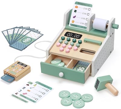 OSLINE Wooden Cash Register Set for Kids Montessori Learning Pretend Play
