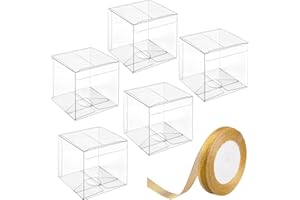 JOERSH 3x3x3 Inches Clear Favor Boxes for with Gold Gift Ribbons 30 PCS Transparent Plastic 3 Inch Mini Cube Gift Packaging Box for Party favors, Treats and Minigifts