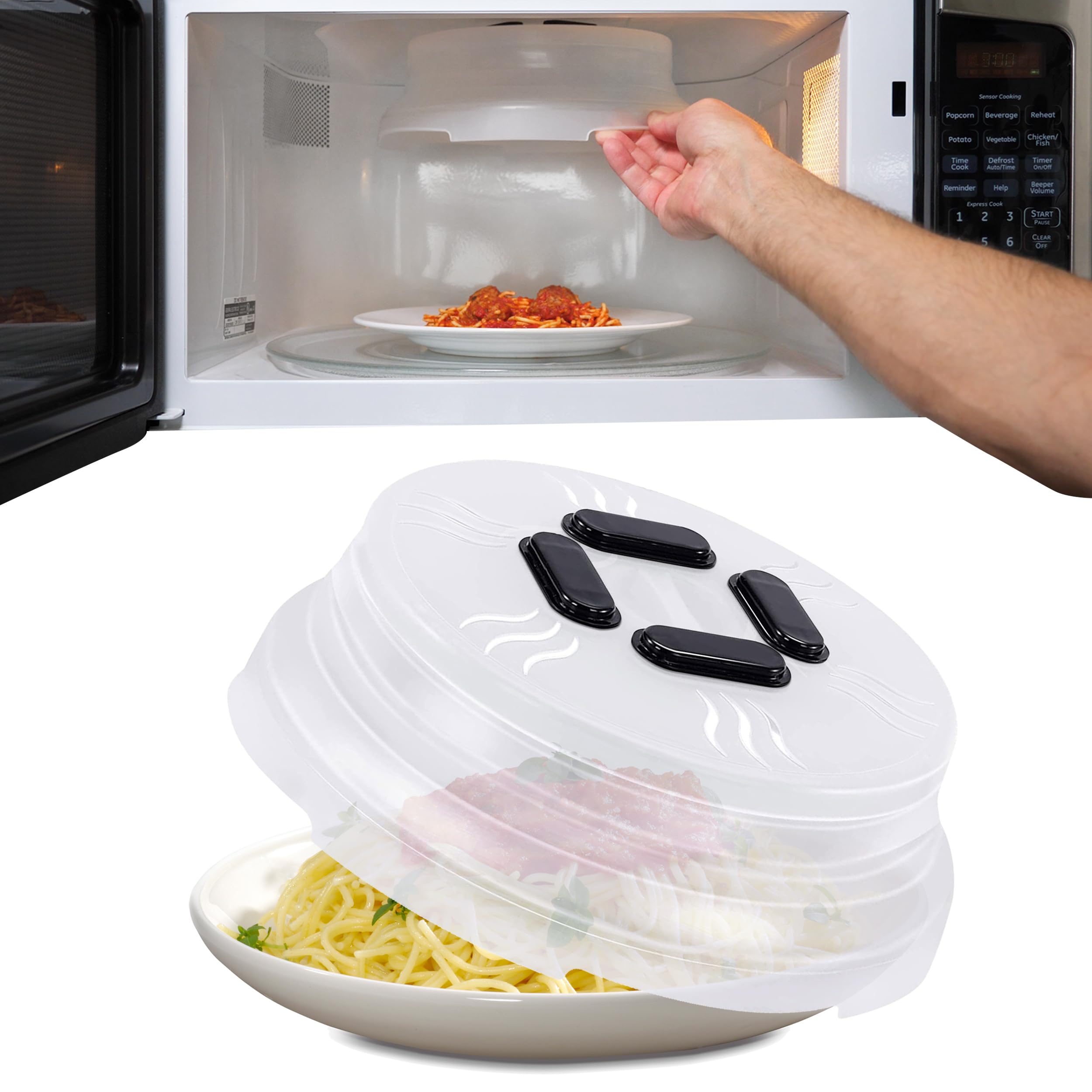 Photo 1 of HOVER COVER Magnetic Splatter Cover, 10-Inch Clear BPA-Free Food Lid, Vented Plate Guard with Steam Vents, Anti-Splash Microwave Lid, Dishwasher Safe, Space-Saving Magnetic Storage - Black