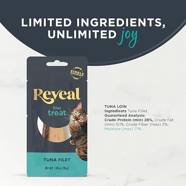 REVEAL NATURAL WHOLE PROTEIN FILLET CAT TREATS, SINGLE INGREDIENT, GRAIN FREE, HIGH PROTEIN TREATS FOR CATS, FOR TRAINING, TREATING, OR SNACKING, WHOLE TUNA LOIN (12 X 1.06 OZ LOIN)
