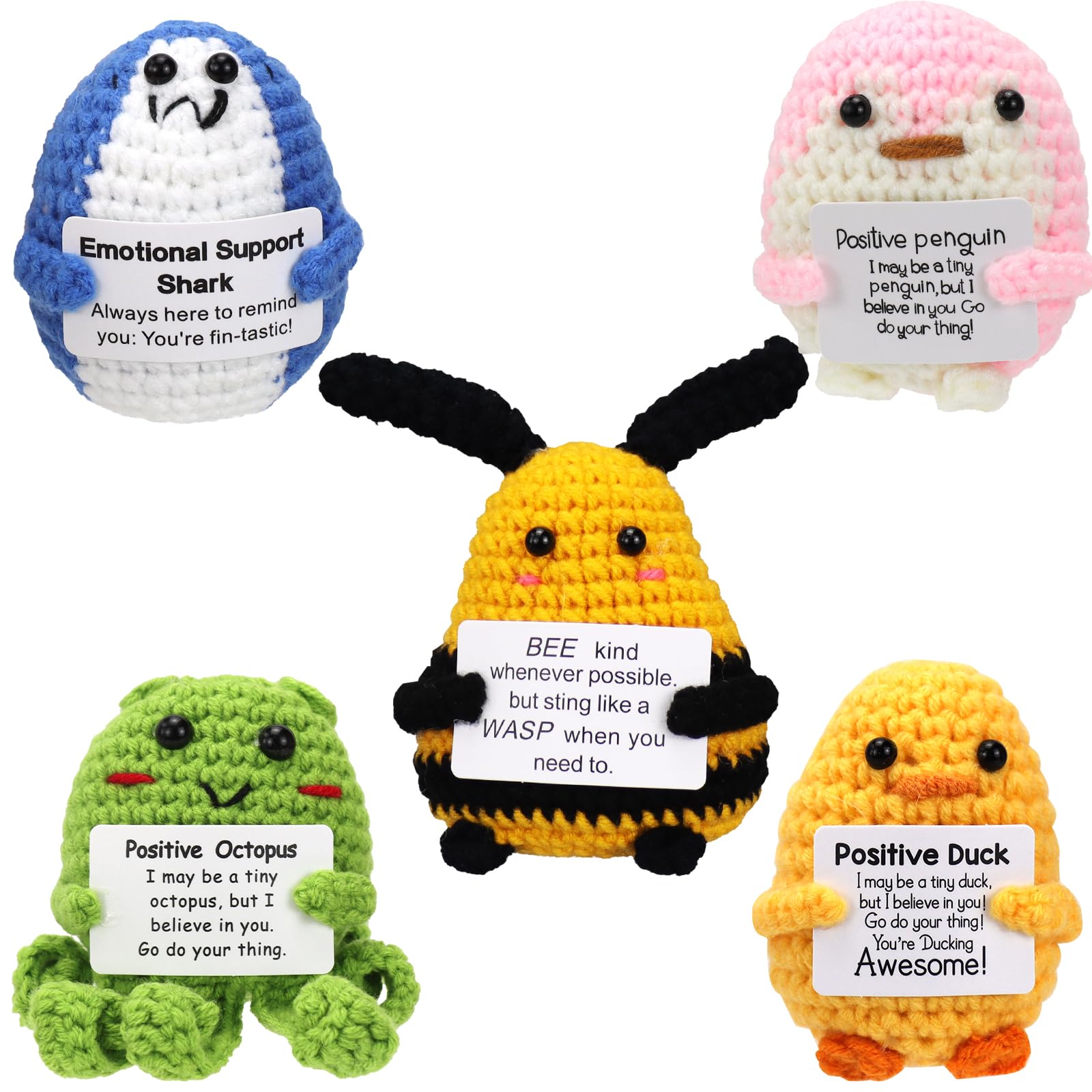 Malloom 5 Pack Positive Crochet Dolls, Cute Crochet Animals with Positive Messages, Handmade Emotional Support Gifts for Friends, Encouragement Birthday Gift, Inspirational Home Decor