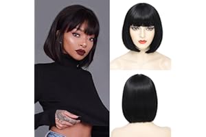 YBYMCAI Black Bob Wigs For Women Short Black Bob Wig With Bangs Straight Bob Bangs Wig 10 Inch Natural Looking For Daily Party Use