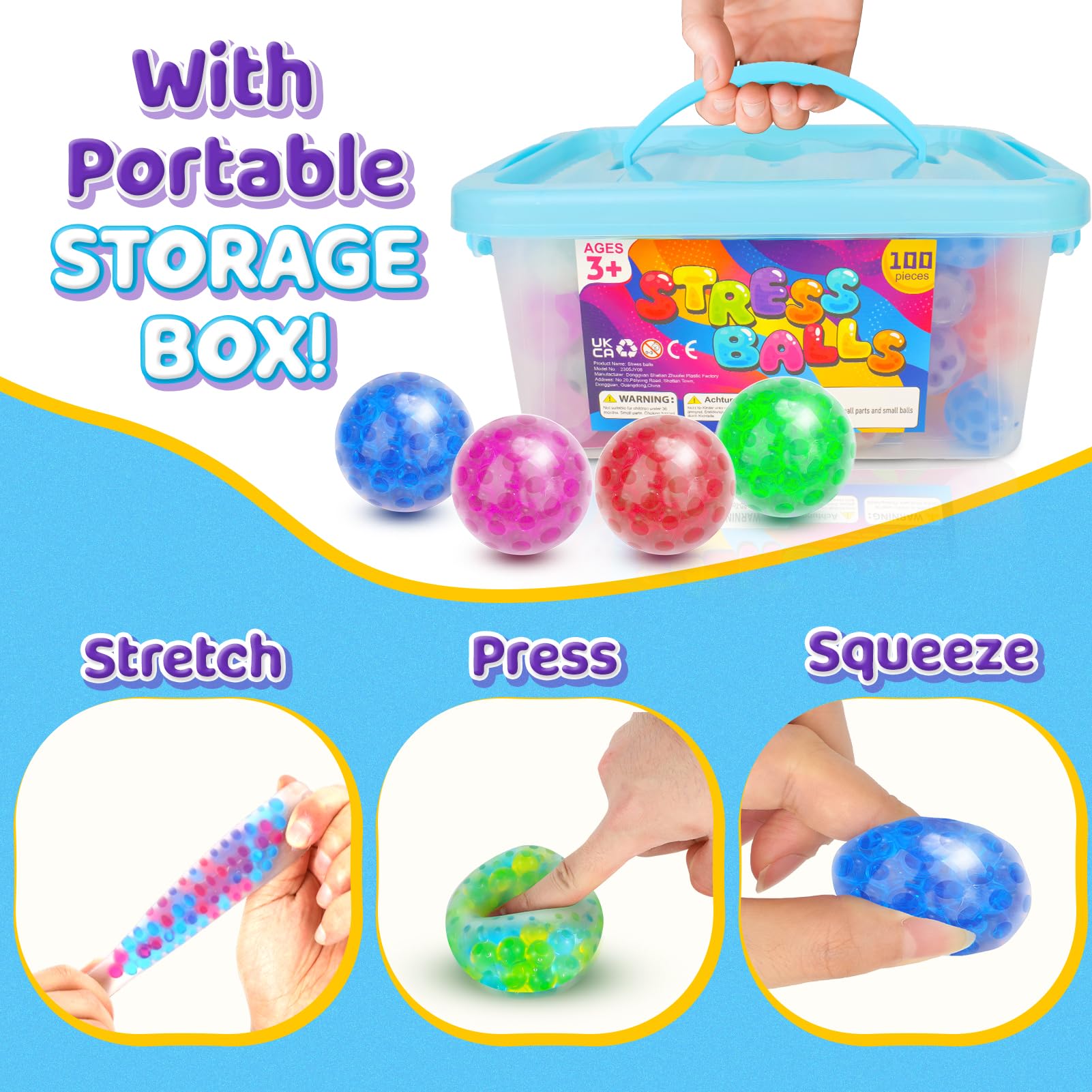 KLT Stress Balls Fidget Toys 100 Pack: Mini Squishy Ball Bulk Anxiety - Sensory Toys for Autism - Prize Box Toys
