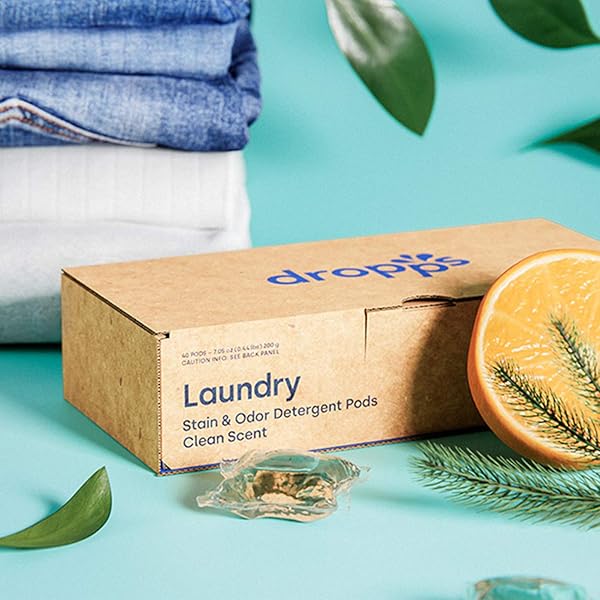 DROPPS ODOR & STAIN BIOBASED POWER LAUNDRY DETERGENT PODS, CRISP BREEZE HE COMPATIBLE LAUNDRY PODS FOR FRESH CLOTHES – LAUNDRY SOAP SUPPLIES & RECYCLABLE PAPERBOARD PACKAGING