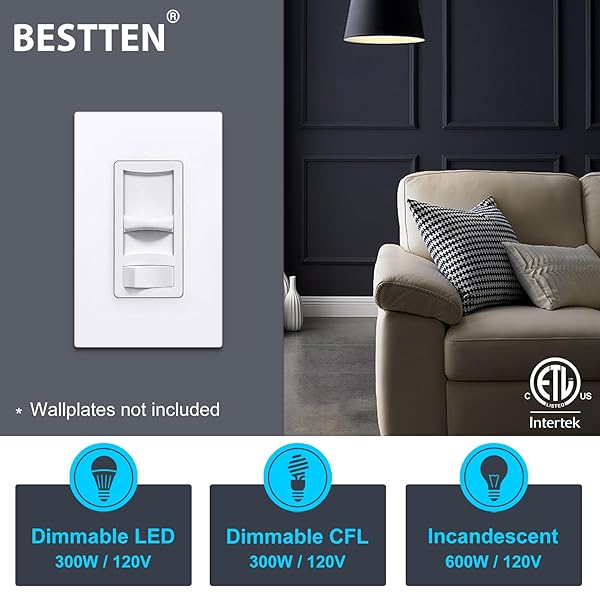 BESTTEN 6 PACK SUPER SLIM DIMMER SWITCH, SINGLE POLE OR 3-WAY, DIMMABLE LIGHT SWITCH FOR LED, CFL, HALOGEN AND INCANDESCENT BULBS, ETL LISTED, WHITE