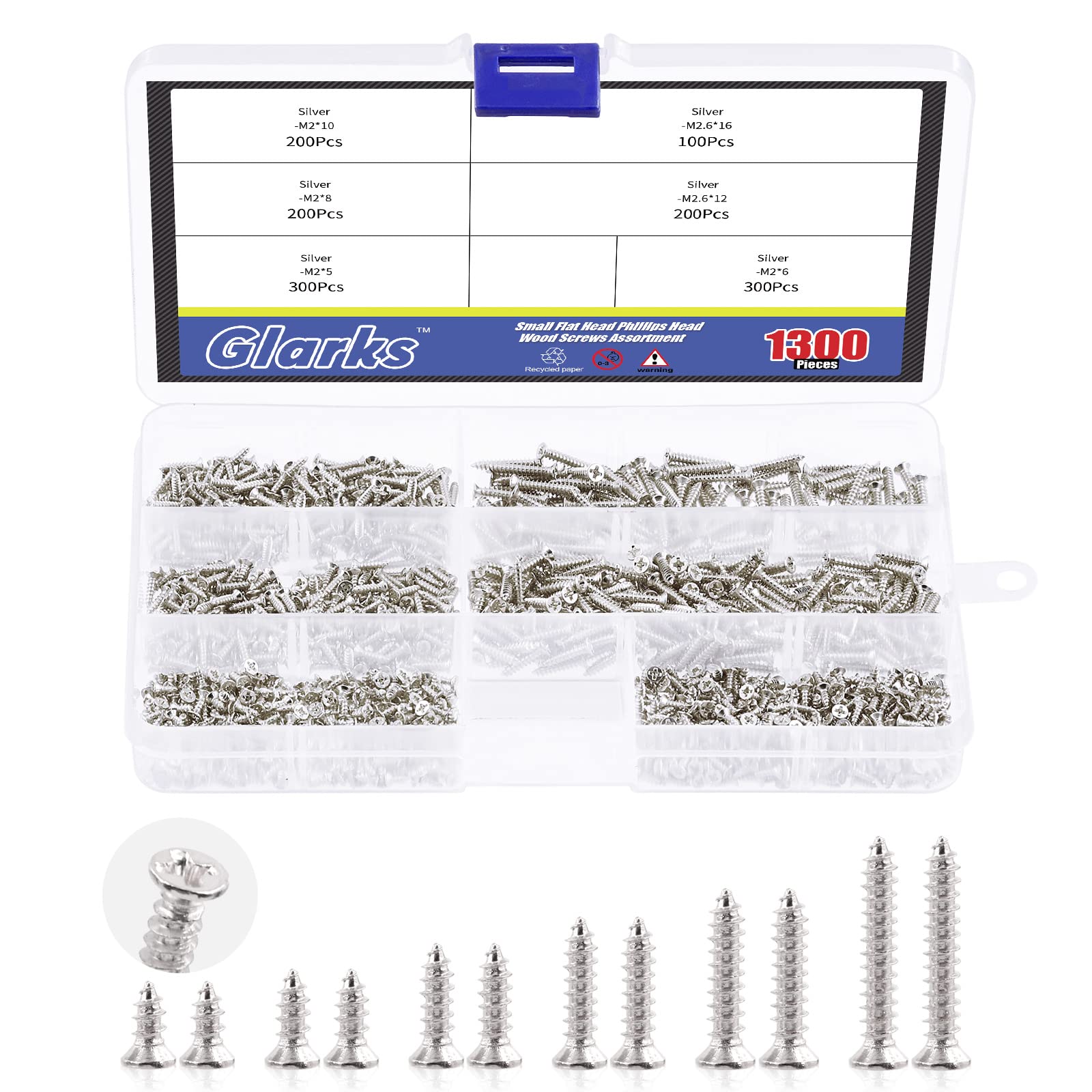 Glarks 1300Pcs 5mm 6mm 7mm 8mm 10mm Small Tiny Nails Wooden Screws Set Silver Self Drilling Flat Cross Head Screws Assortment Kit for Home Furniture Decor (Silver)