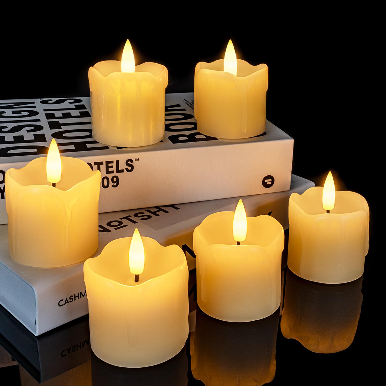 Photo 1 of 5plots 400+ Hours Auto Timer Flameless Votive Candles, 2" x 2" Real Wax, Realistic Battery Operated Candles, 3D Wick for Wedding, Party & Home Decorations (6Pack, Batteries Included)