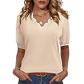 LOMON Womens 2026 Spring V Neck Sweater Casual Tops Short Sleeve Lightweight Ribbed Knit Pullover Sweaters