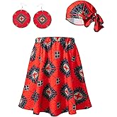 Women African Dashiki Skirt Casual Stretch Head Wrap Scarf Drop Dangle Earrings