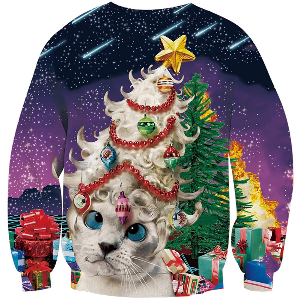 Boys Girls Women Mens Xmas Sweatshirt 3D Amusing Ugliest Cats Printed Sweater Long Sleeve Galaxy Stars Christmas Tree Decoration Pullover Tops for Ugly Sweater Party Office Contest Home Medium