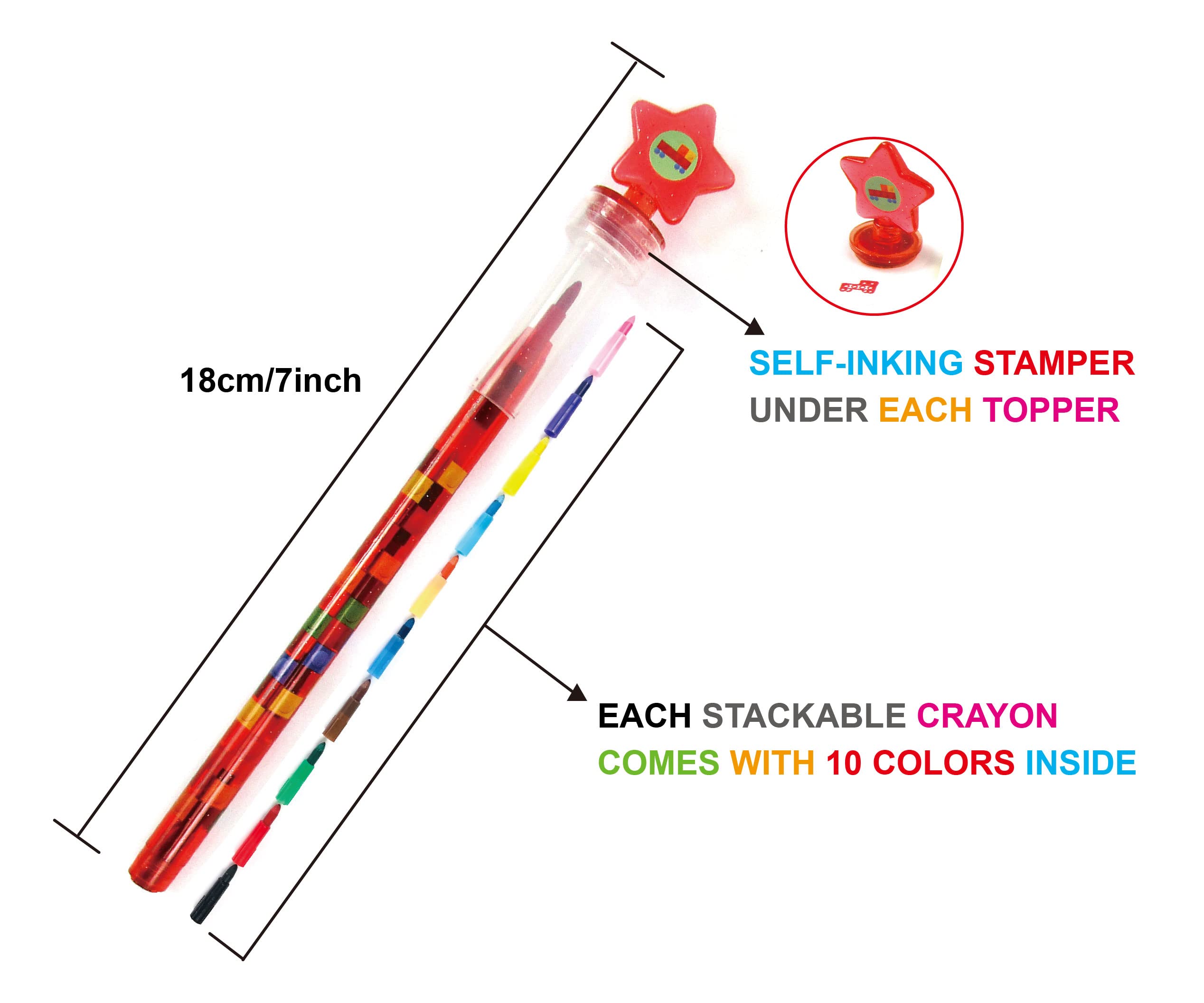 TINYMILLS 24 Pcs Color Blocks Brick 2 in 1 Stackable Stacking Crayon with Extra Stamper Topper, Kids Party Favors, Goodie Bag Stuffers, Classroom Rewards, Prizes