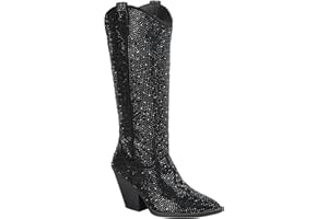 ABSOLEX Women Western Cowgirl Cowboy Pointed Toe Rhinestone Knee High Boots