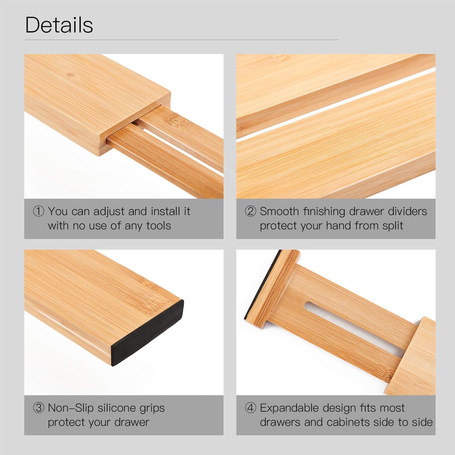 Utoplike 4 pcs Bamboo Kitchen Drawer Dividers(12.25-17.25IN),Adjustable Drawer Organizers,Spring Loaded,Works in Kitchen,Dresser,Bathroom,Bedroom,Baby Drawer,Desk: Home & Kitchen