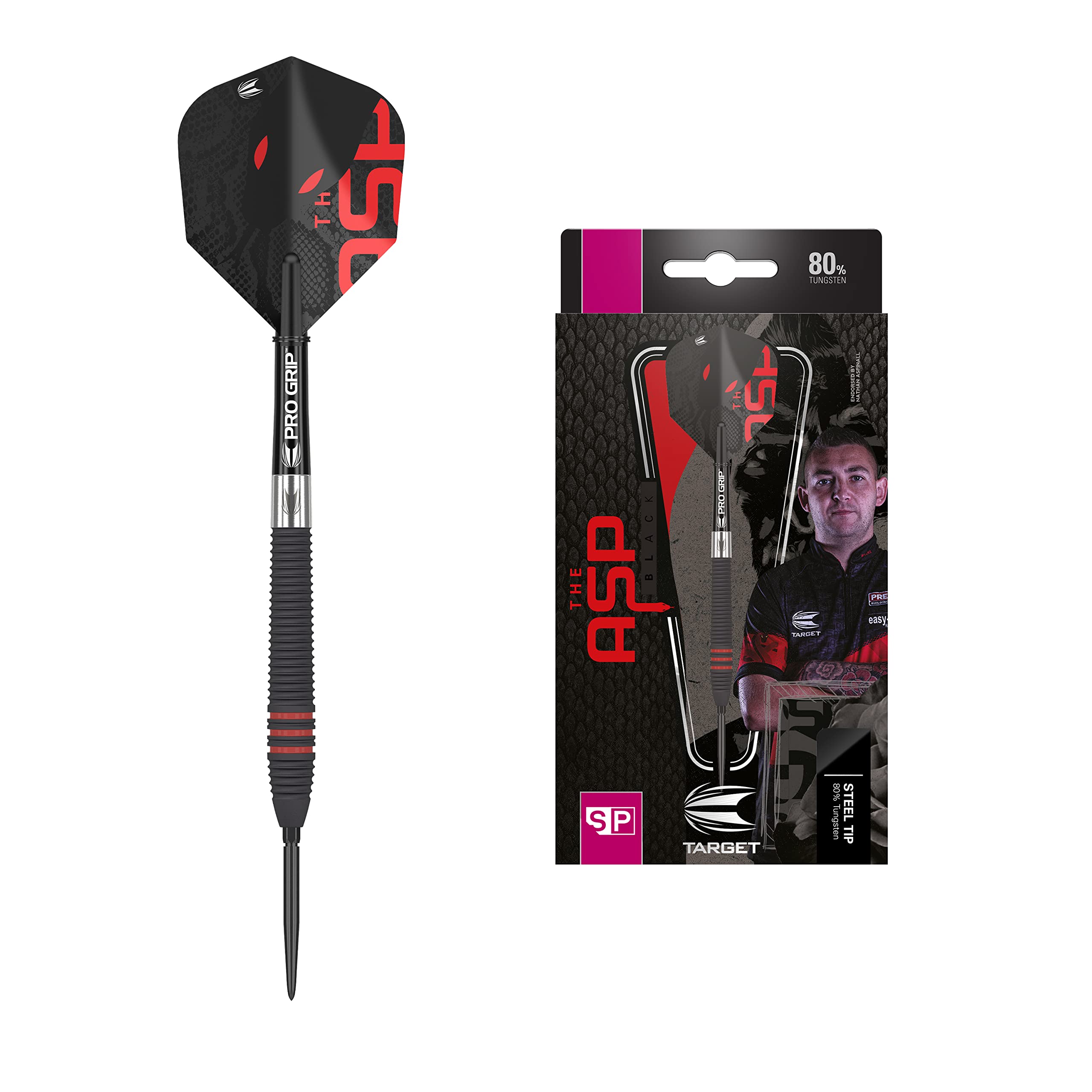 Target Darts Nathan Aspinall The Asp Black 24G 80% Tungsten Swiss Point Steel Tip Darts Set