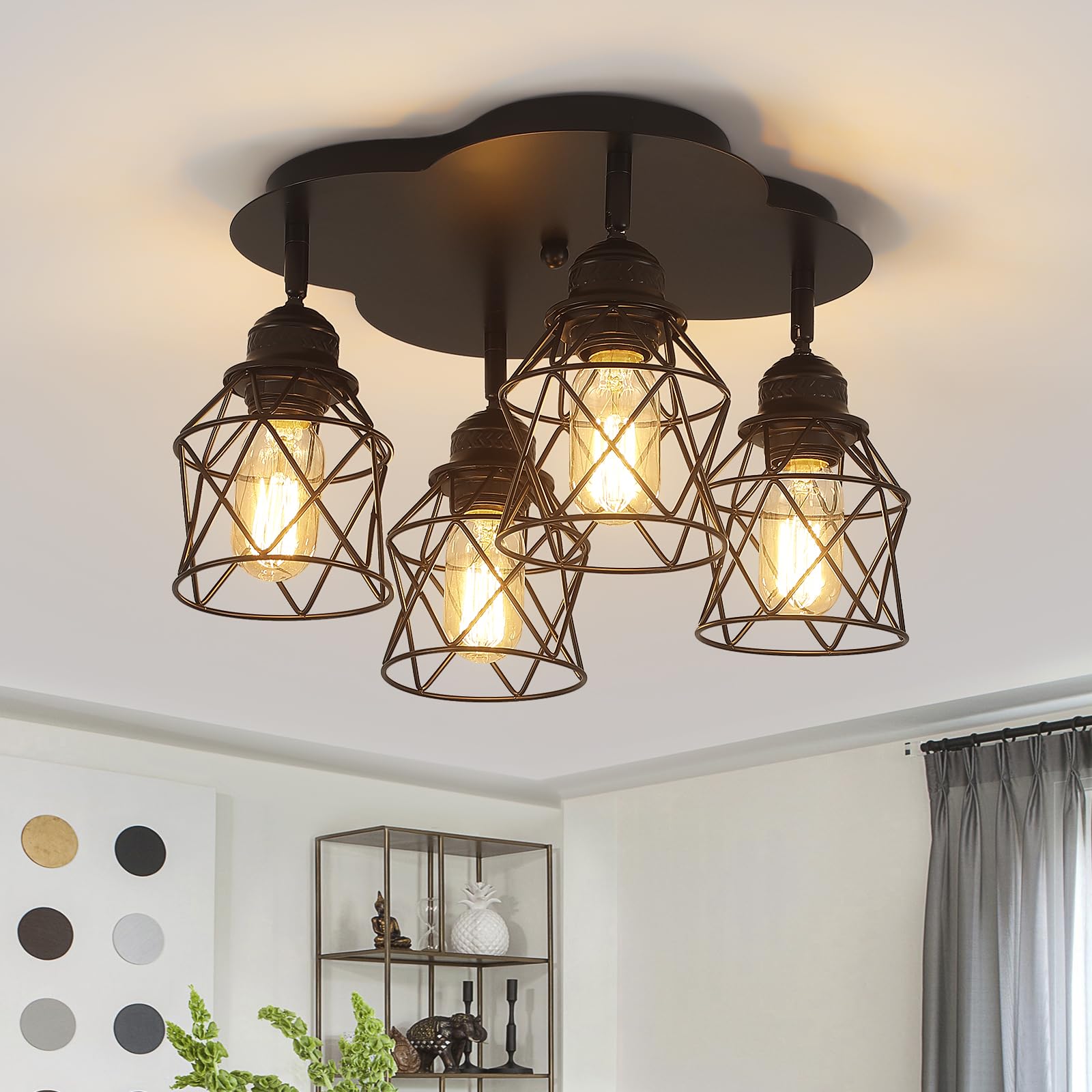 Photo 1 of 4-Lights Kitchen Light Fixtures Ceiling Mount, Adjustable Multi-Directional Black Flush Mount Ceiling Light Fixture, Vintage Metal Cage Farmhouse Lamp for Hallway, Dining Room, Farmhouse, Entryway