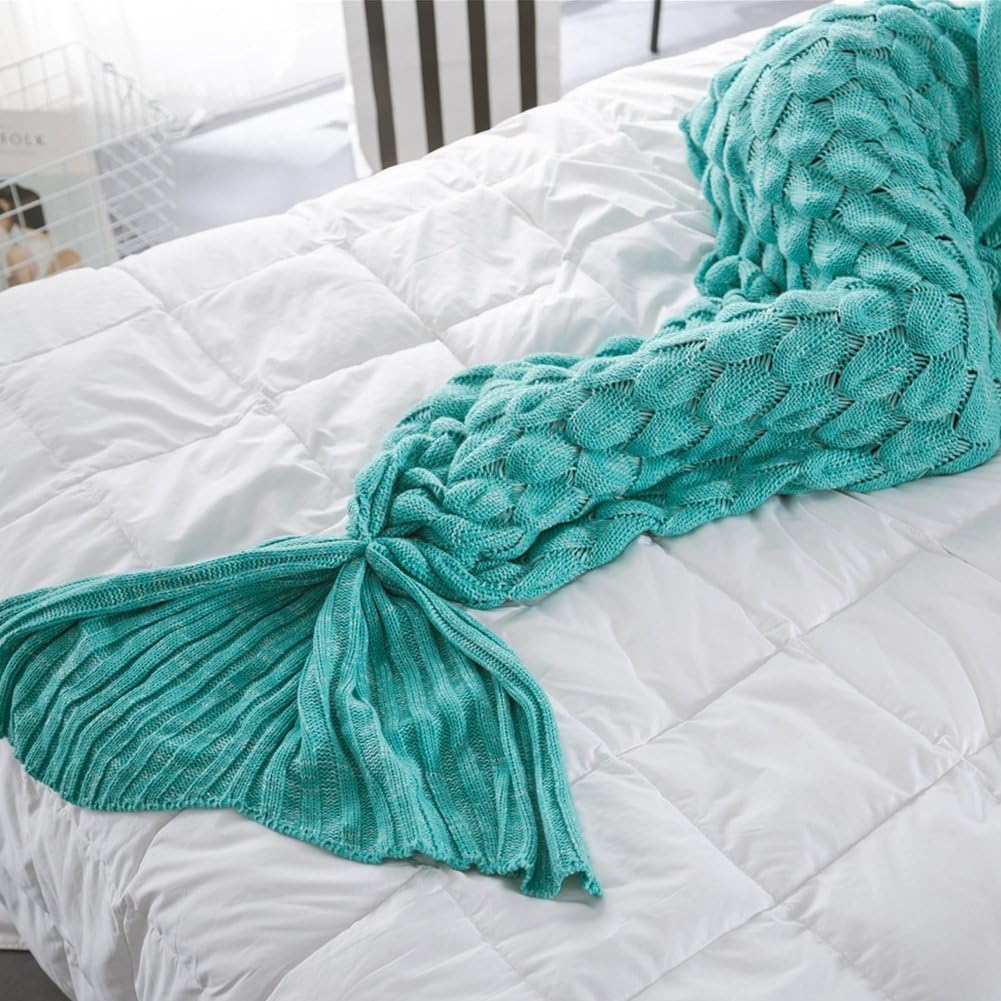 Mermaid Tail Blanket, Fredhome Handmade Crochet Sleeping Blanket,Super Soft All Seasons Sleeping Bags,Chrismas Gift for Adult Kids (77L x 35W, Mint Green)