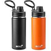 Mollcity 16 oz Water Bottle Stainless Steel Vacuum Insulated Wide Mouth Sports Flask, 2 Pack Water Bottle with Leakproof Spout Lid (Orange-Black)