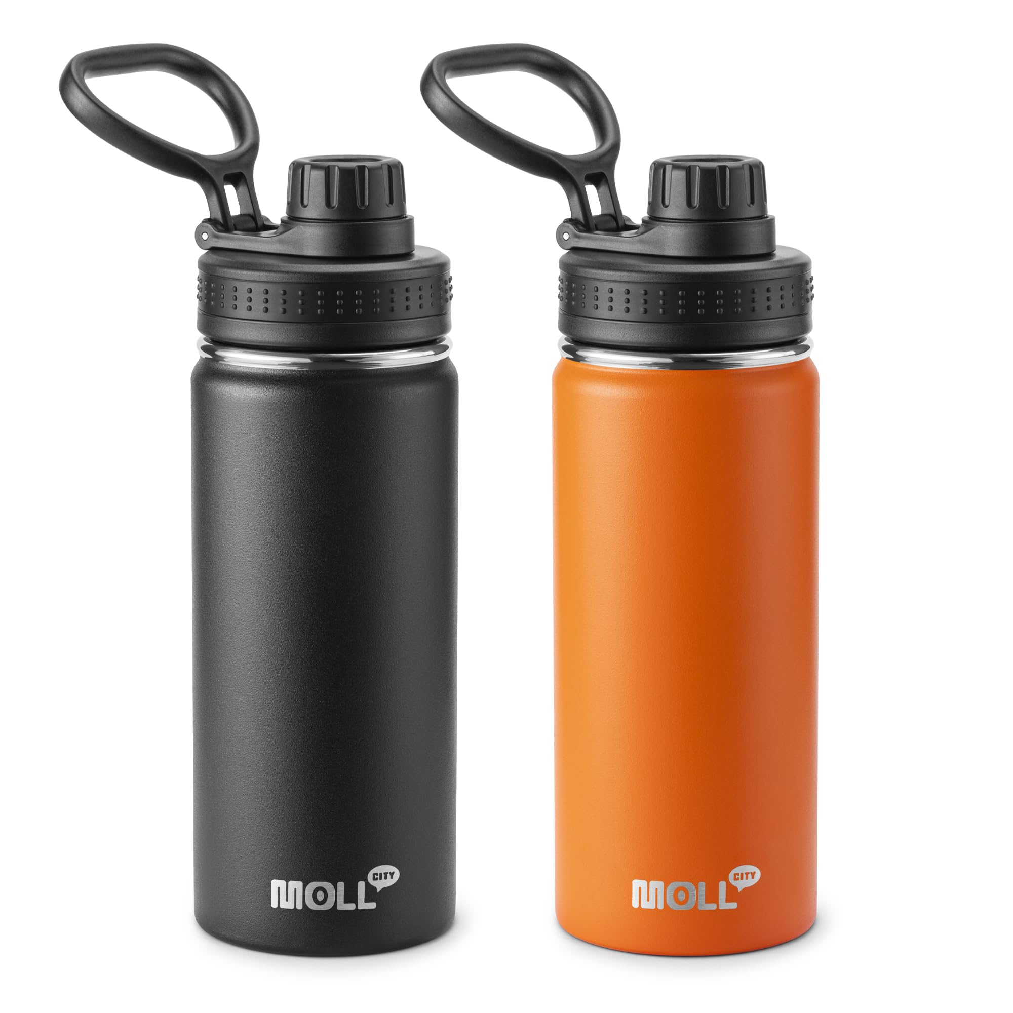 Photo 1 of Mollcity 16 oz Water Bottle Stainless Steel Vacuum Insulated Wide Mouth Sports Flask, 2 Pack Water Bottle with Leakproof Spout Lid (Orange-Black)