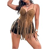 WDIRARA Women's Plus Size V Neck Fringe Suede Cami Top Tie Front Smocked Western Cowgirl Camisole