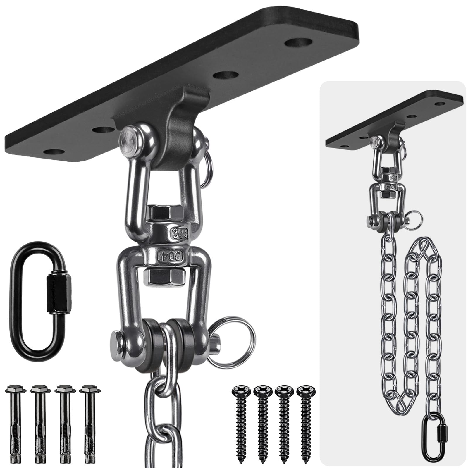 Dolibest Punching Bag Hanger, Boxing Ceiling Hook Punch Holder 4 Hole Swing Bracket 360 Swivel with Carabiner & 100cm Chain for Hanging Heavy Bag Hammock Chair Wood/Concrete Wall Beam Mount, up 600lbs