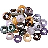 TUMBEELLUWA 30pcs Crystal Stone Large Hole Beads for Jewelry Making Macrame Beads for Hair Braids(14mmx8mm), Indian Agate + Tiger’s Eye + Rose Quartz + Amethyst + Yellow Jade
