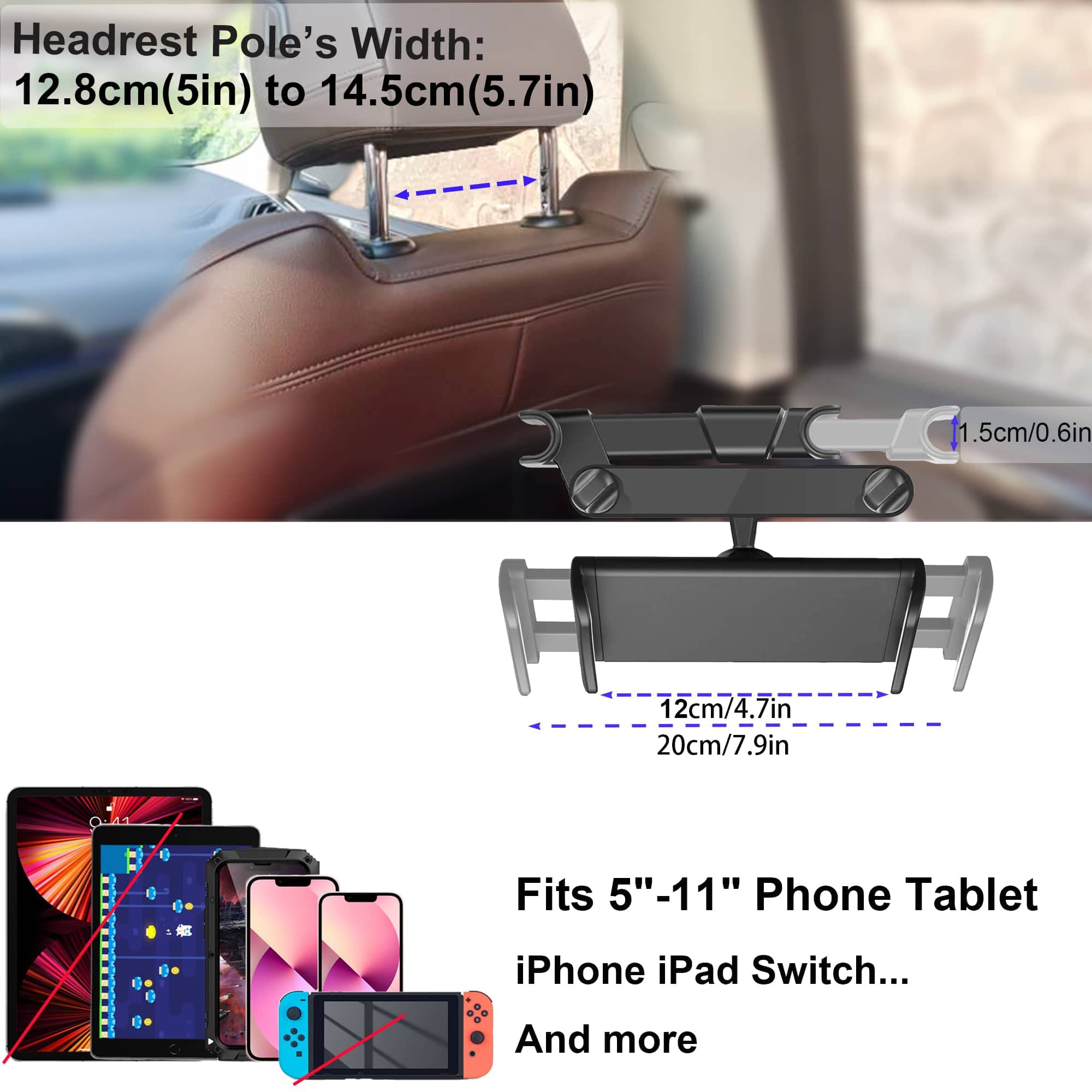 Timewall Car Headrest Tablet Mount, Backseat Seat Universal Cell Phone Holder 360 Swivel Rotating Angle Adjustable Stretchable for iPad iPhone, Samsung, Switch, 5-11