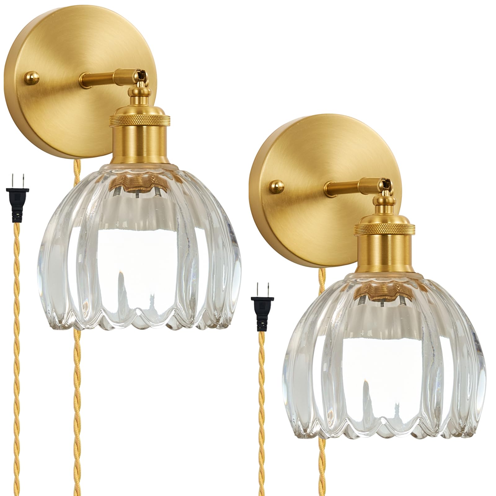 Photo 1 of femusytt Plug in Wall Sconces Set of 2, Vintage Wall Lamp with Plug in Cord Clear Tulip Shade Decor Indoor, Gold Wall Light for Bedroom Bedside Kids Living Room Bathroom
