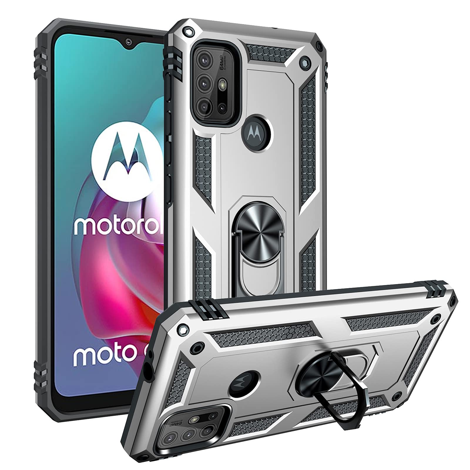SHIEID Rugged Armor Case for Motorola Moto G30/G10 Shockproof and Bumper Back Cases with Kickstand Function Protective Phone Cover for Motorola Moto G30/G10-Silver
