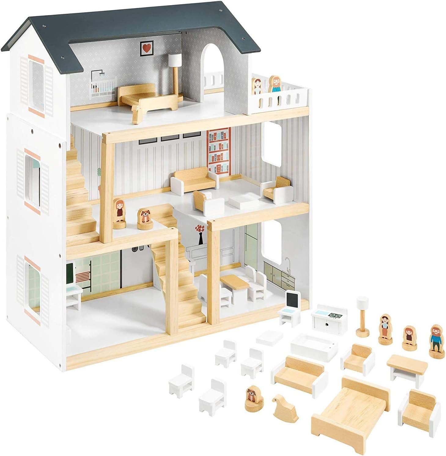 Mamabrum Wooden Dolls House with Furniture, Wooden Dreamhouse