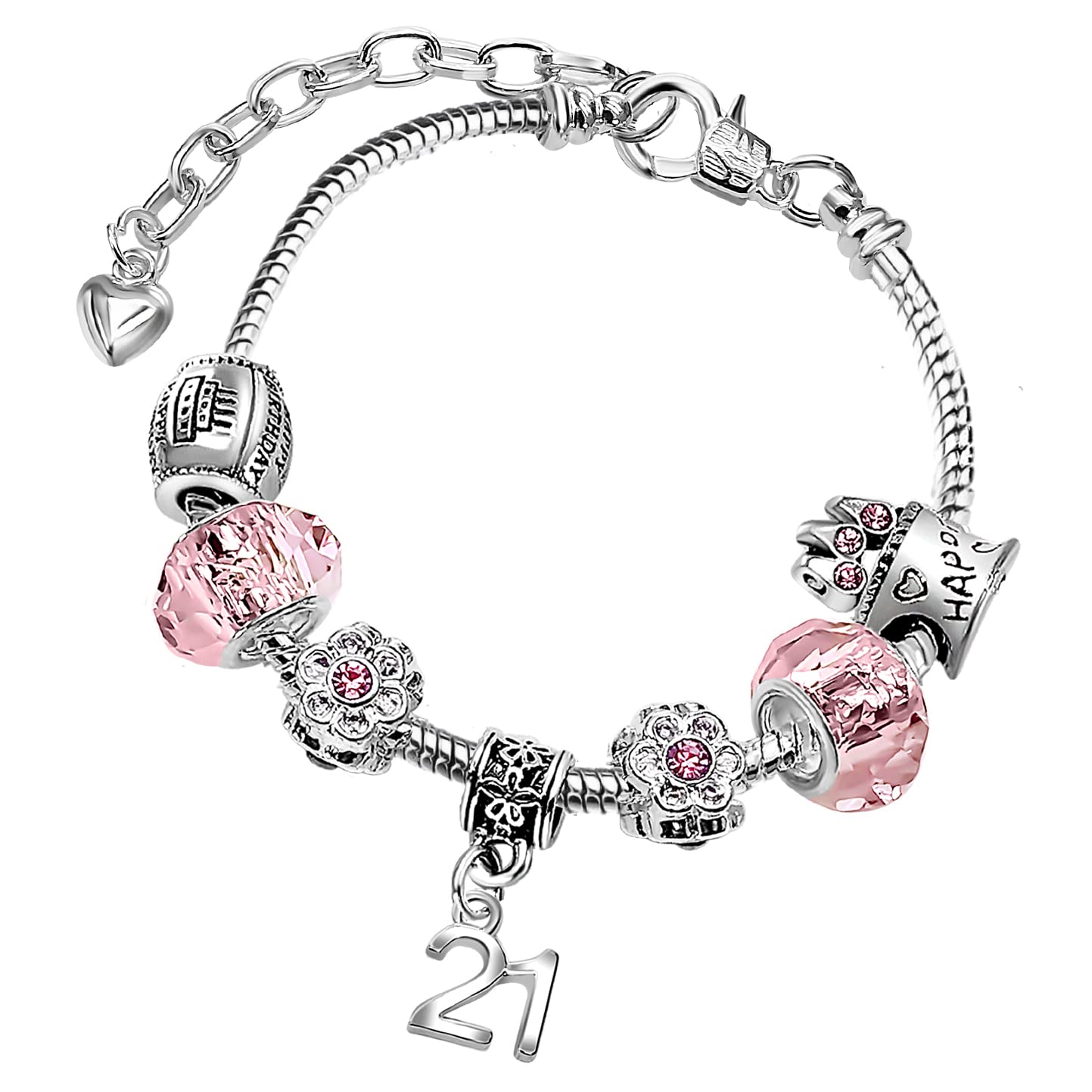 21st Birthday Sparkly Pink Crystal and Silver Plated Adjustable Celebration Charm Bracelet with Gift Box Age 21 Gifts