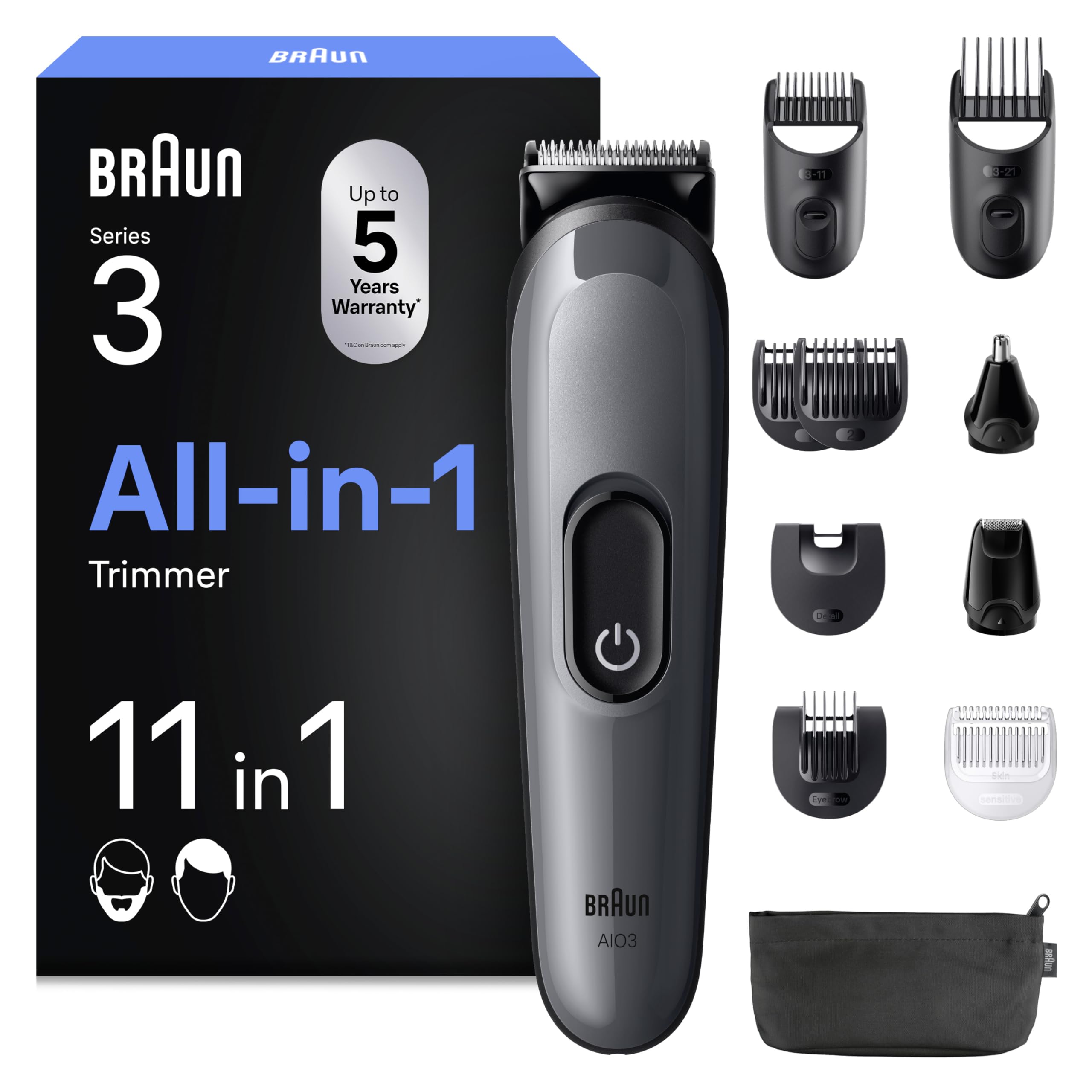 Braun Rifinitore All-In-One Series 3, Rasoio Elettrico Barba E Capelli 11In1, Con Lama Ultra Affilata, 14 Lunghezze, 50 Minuti di Autonomia, Styling Facile e Veloce Per Viso E Capelli, AIO3565 Grigio