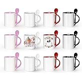 AGH Sublimation Coffee Mugs Blank 11 oz, White Straight Ceramic Cups with Pink Black White Red Interior, Handle, Spoon, Bulk Bundle Set of 12