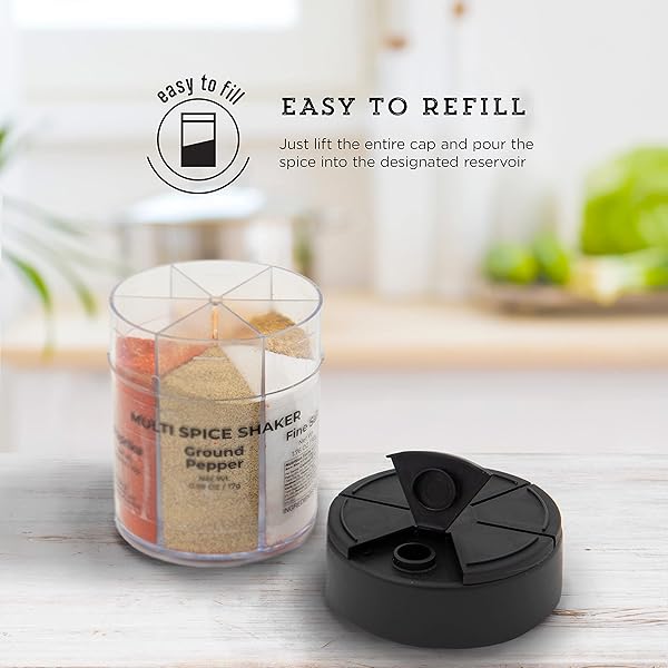 KAMENSTEIN ROUND MULTI-SPICE 6-IN-1 CONTAINER, FILLED WITH ESSENTIAL SEASONINGS, COMPACT SPACE-SAVING HERB ORGANIZER FOR KITCHEN, RV, CAMPING AND SMALL APARTMENTS