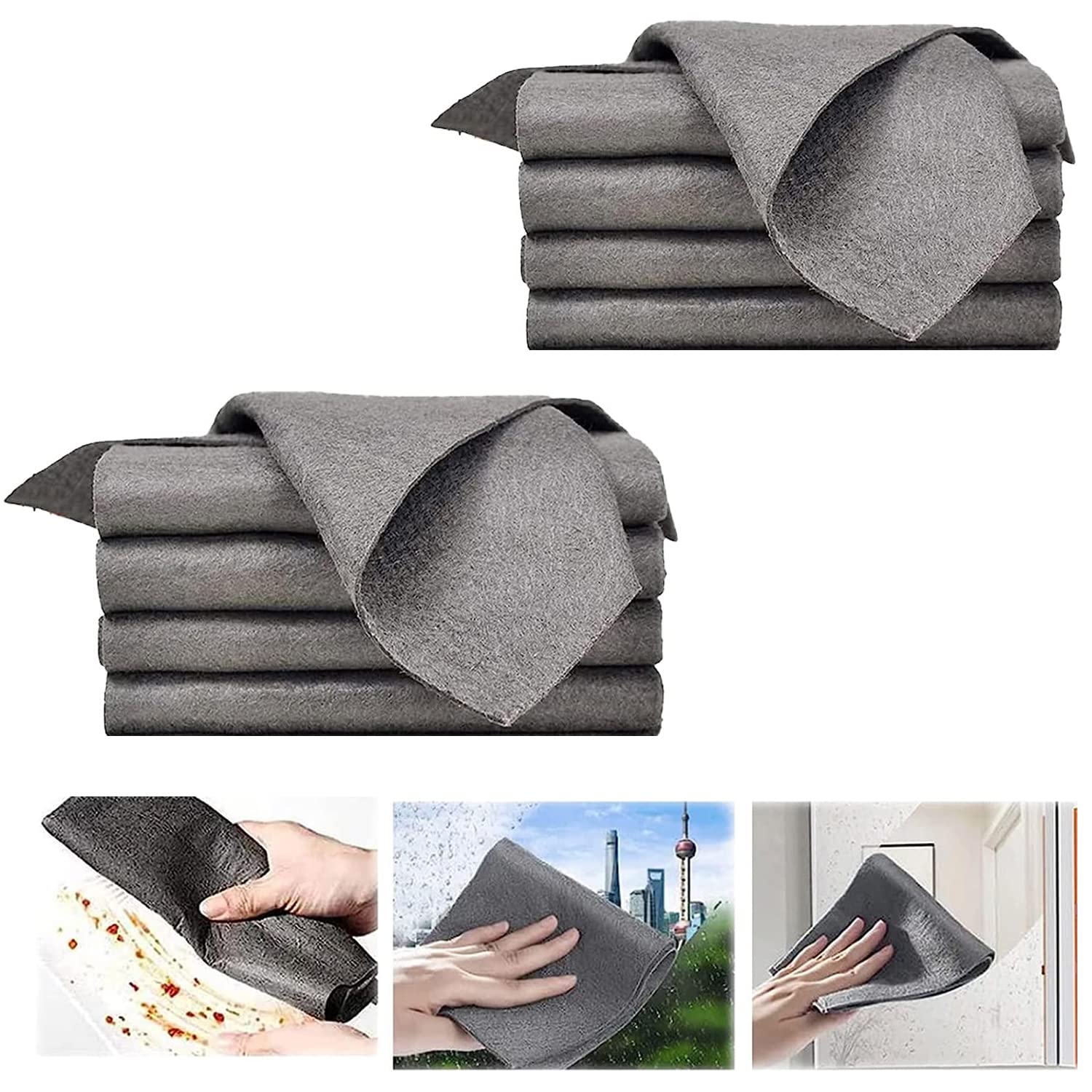 Firtink 8 Pieces Thickened Magic Cleaning Cloth, Microfiber Glass Cleaning Cloths, 11.8in x 11.8in, Grey