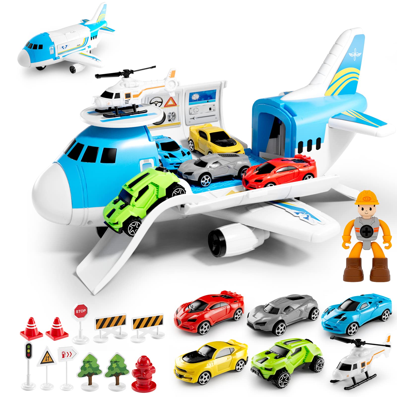 Anby families Toy for 3 Year Old Boys,Toy Cars set,Transport Cargo Airplane with 5 Mini Cars, 1 Helicopter,1 Engineer,11 Traffic Signs,Gifts for Kids Boys Girls Age 3 4 5