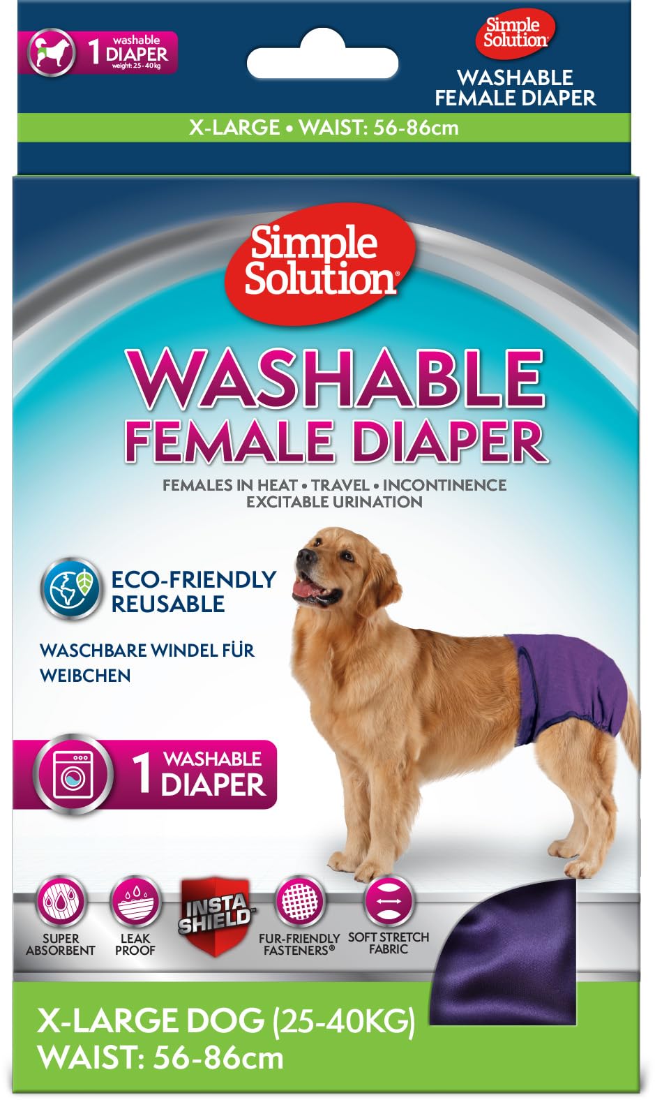 Simple Solution Washable Re-usable Female Dog Diapers, Absorbent with Leak Proof Fit for Excitable Urination, females in heat or Incontinence - 1 x XL Dog Diaper